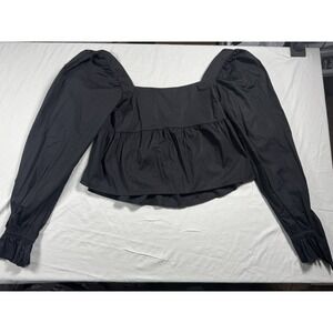 H&M Divided Peplum Blouse Women L Black NWT Puff Sleeve Square Neck Goth Prairie